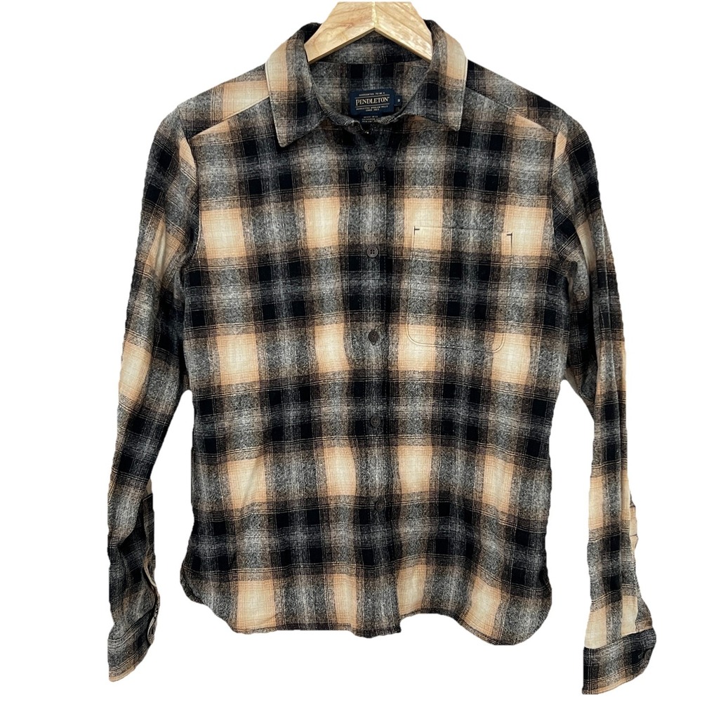 Pendleton Women's Plaid Flannel 100% Virgin Wool Button Down Shirt Tan Size S